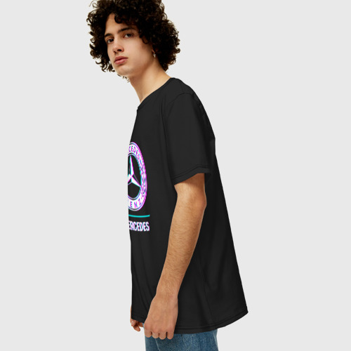 Мужская футболка хлопок Oversize с принтом Значок Mercedes в стиле glitch, вид сбоку #3