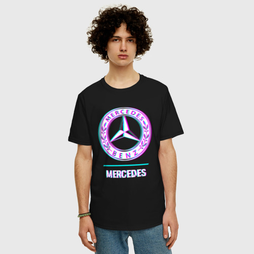 Мужская футболка хлопок Oversize с принтом Значок Mercedes в стиле glitch, фото на моделе #1