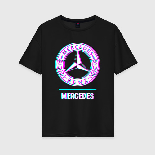 Женская футболка хлопок Oversize с принтом Значок Mercedes в стиле glitch, вид спереди #2