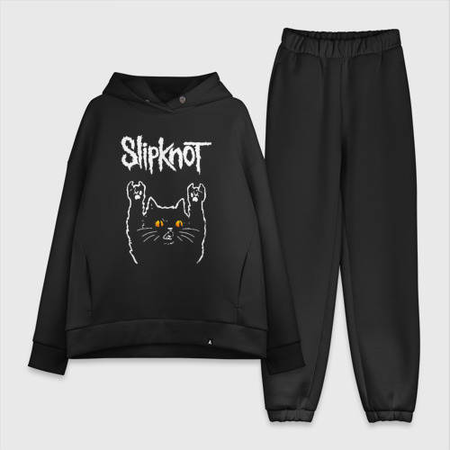 Женский костюм хлопок Oversize с принтом Slipknot rock cat, вид спереди #2