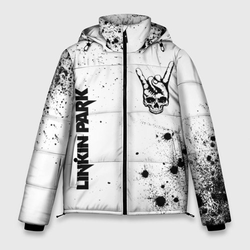Мужская зимняя куртка 3D с принтом Linkin Park и рок символ на светлом фоне, вид спереди #2