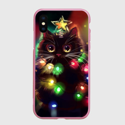 Чехол для iPhone XS Max матовый Новый Год Кот ёлка с гирляндой