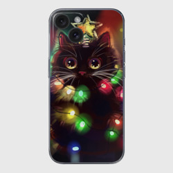Чехол для iPhone 15 силиконовый с защитой камеры Новый Год Кот ёлка с гирляндой