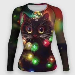 Женский рашгард 3D Новый Год Кот ёлка с гирляндой