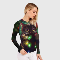 Женский рашгард 3D Новый Год Кот ёлка с гирляндой - фото 2