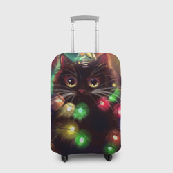 Чехол для чемодана 3D Новый Год Кот ёлка с гирляндой