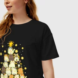 Женская футболка хлопок Oversize Елка из котиков С мяу годом - фото 2