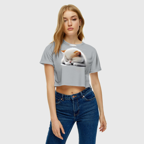 Женская футболка Crop-top 3D Спящий котёнок на сером фоне, цвет 3D печать - фото 3