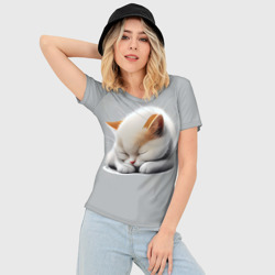 Женская футболка 3D Slim Спящий котёнок на сером фоне - фото 2