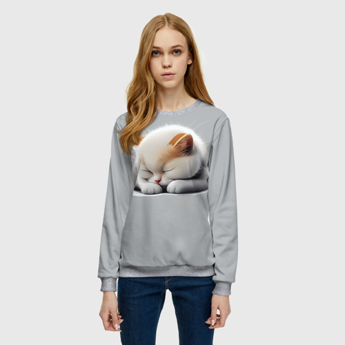 Женский свитшот 3D с принтом Спящий котёнок на сером фоне, фото на моделе #1