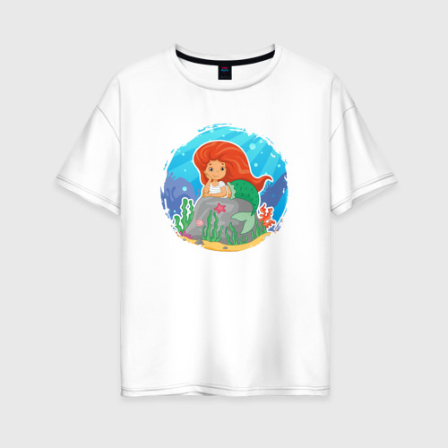 Женская футболка хлопок Oversize Маленькая русалочка на камне, цвет белый
