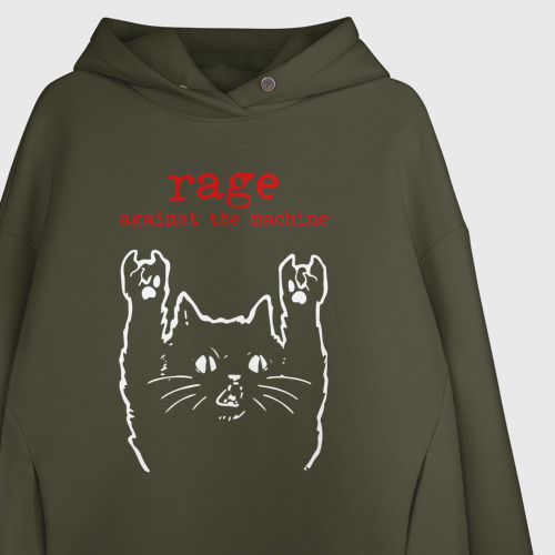 Женское худи Oversize хлопок Rage Against the Machine рок кот, цвет хаки - фото 3