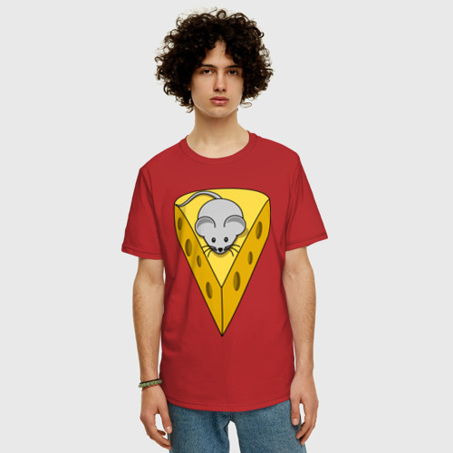 Мужская футболка хлопок Oversize с принтом Мышонок на сыре, фото на моделе #1