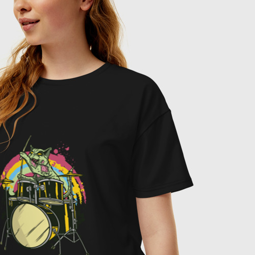 Женская футболка хлопок Oversize Зомби кот барабанщик, цвет черный - фото 3