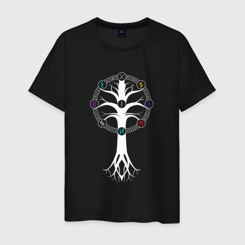 Мужская футболка хлопок Иггдрасиль - руны девяти миров, цвет черный