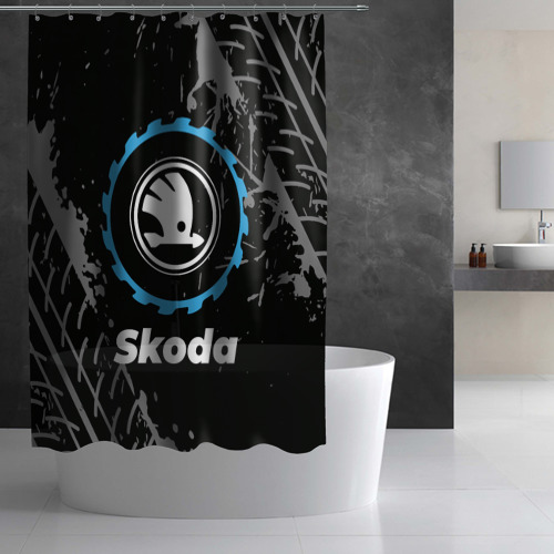 Штора 3D для ванной Skoda в стиле Top Gear со следами шин на фоне - фото 3