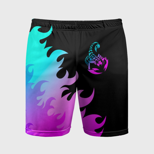 Мужские шорты спортивные с принтом Scorpions неоновый огонь, вид спереди #2