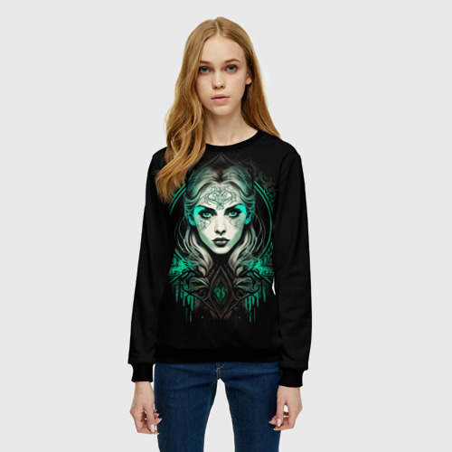 Женский свитшот 3D с принтом Готическая ведьма на чёрном фоне, фото на моделе #1