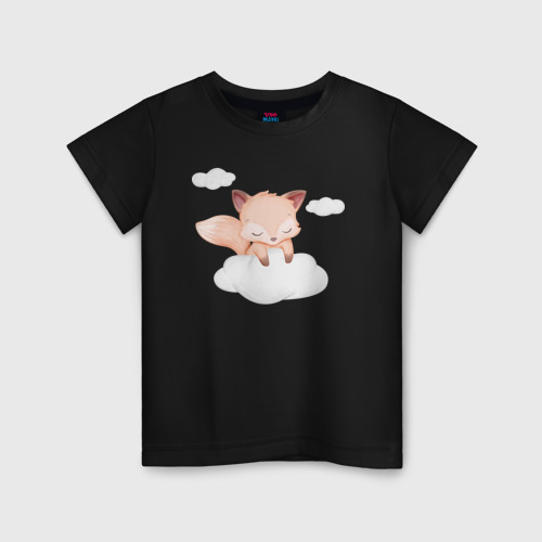Детская футболка хлопок с принтом Милый лисёнок на облаке нежиться, вид спереди #2