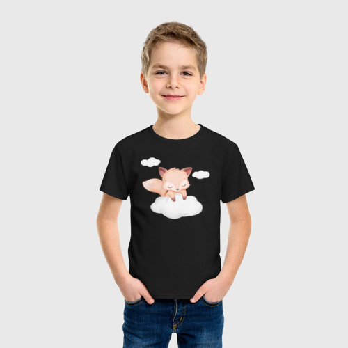Детская футболка хлопок с принтом Милый лисёнок на облаке нежиться, фото на моделе #1