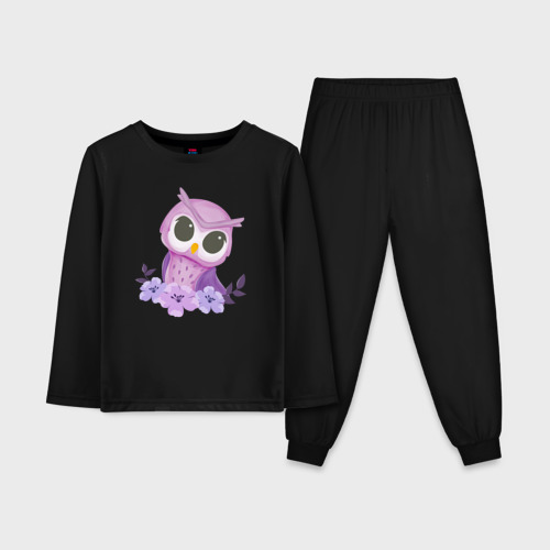 Детская пижама с лонгсливом хлопок с принтом Милый совёнок с цветами, вид спереди #2