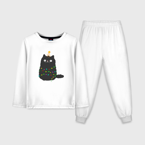 Детская пижама с лонгсливом из хлопка с принтом Котик притворился ёлочкой, вид спереди №1
