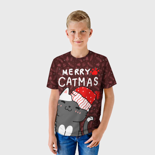 Детская футболка 3D с принтом Кошачье рождество - 2023, фото на моделе #1