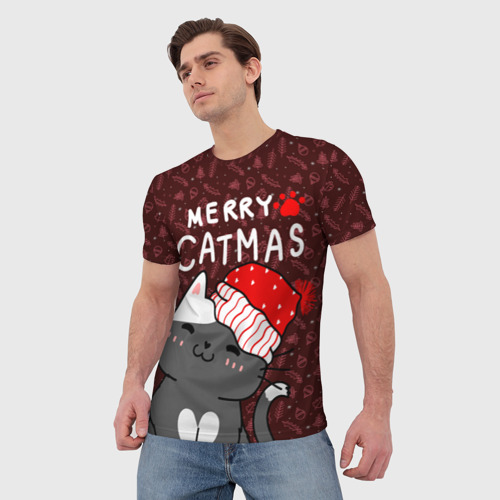 Мужская футболка 3D с принтом Кошачье рождество - 2023, фото на моделе #1