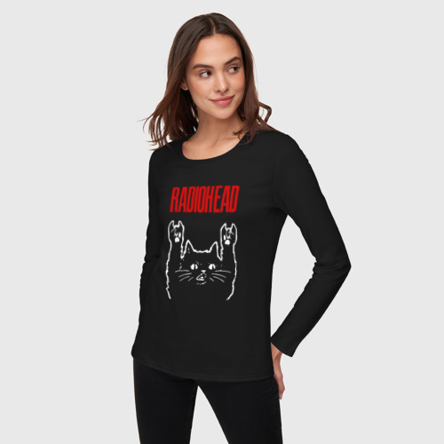 Женский лонгслив хлопок Radiohead рок кот, цвет черный - фото 3