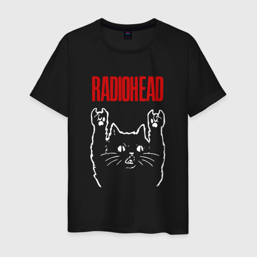 Мужская футболка из хлопка с принтом Radiohead рок кот, вид спереди №1
