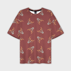 Мужская футболка oversize 3D Эстетика: праздничные олени на бордовом фоне