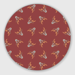 Круглый коврик для мышки Эстетика: праздничные олени на бордовом фоне