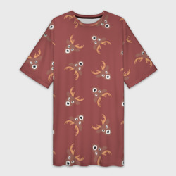 Платье-футболка 3D Эстетика: праздничные олени на бордовом фоне