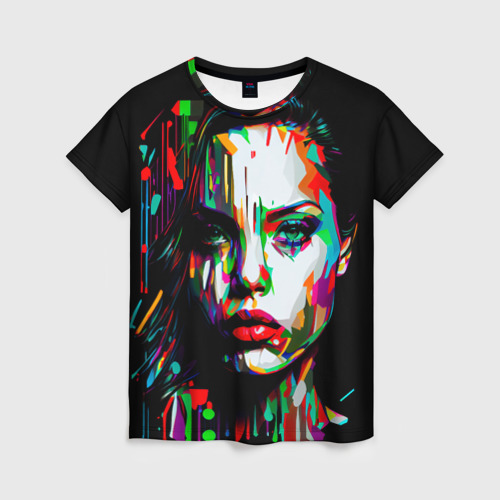 Женская футболка с принтом Анджелина Джоли - поп-арт, вид спереди №1