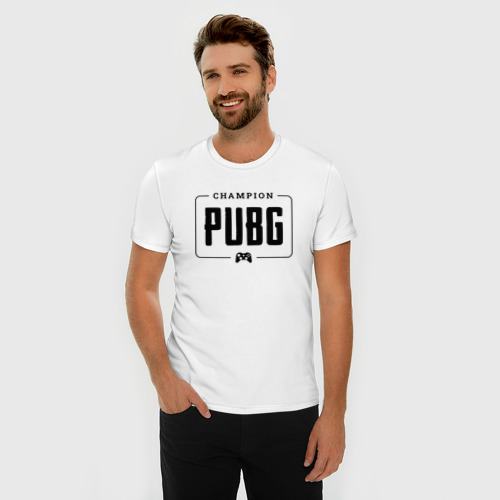 Мужская футболка хлопок Slim с принтом PUBG gaming champion: рамка с лого и джойстиком, фото на моделе #1