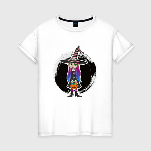 Женская футболка из хлопка с принтом Мультяшная ведьма Хэллоуин, вид спереди №1