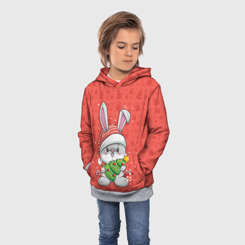 Детская толстовка 3D с принтом Новогодний кролик с елочкой, фото на моделе #1