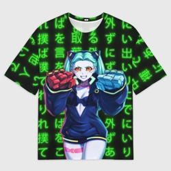 Женская футболка oversize 3D Неоновые иероглифы - Rebecca