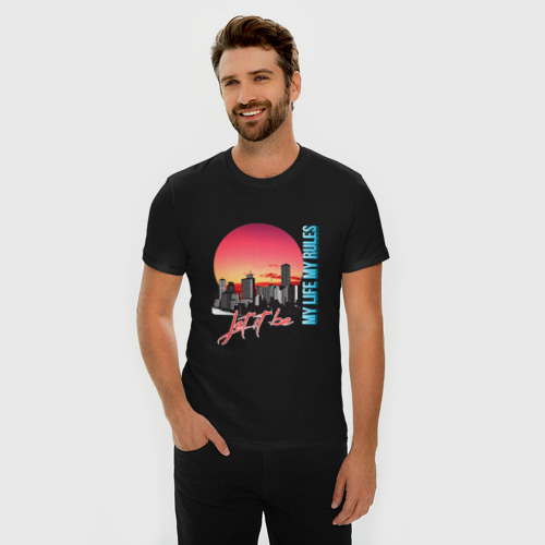 Мужская футболка хлопок Slim Город на закате, цвет черный - фото 3