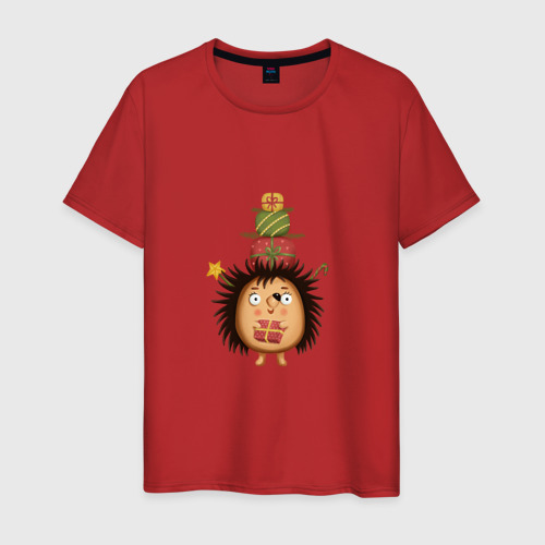 Мужская футболка хлопок Ёжик с Новогодними подарками, цвет красный
