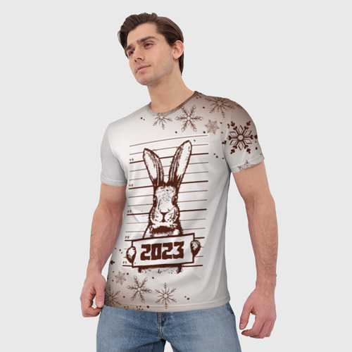 Мужская футболка 3D с принтом Кролик с табличкой на светлом, фото на моделе #1