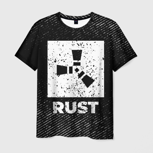 Мужская футболка 3D с принтом Rust с потертостями на темном фоне, вид спереди #2