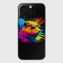 Чехол для iPhone 16 Pro Max силиконовый с защитой камеры Капибара в тёмных очках - поп арт