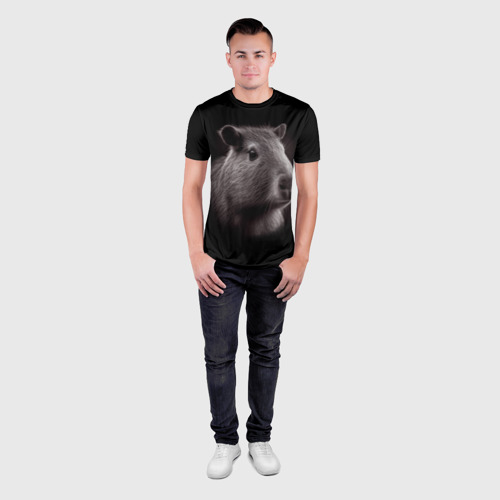 Мужская футболка 3D Slim Капибара : чёрно-белый портрет нейросети, цвет 3D печать - фото 4