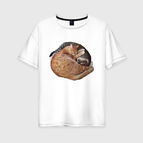 Женская футболка из хлопка оверсайз с принтом Два спящих кота - Инь-Янь, вид спереди №1