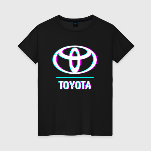 Женская футболка хлопок с принтом Значок Toyota в стиле glitch, вид спереди #2