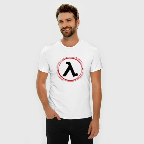 Мужская футболка хлопок Slim с принтом Символ Half-Life и красная краска вокруг, фото на моделе #1