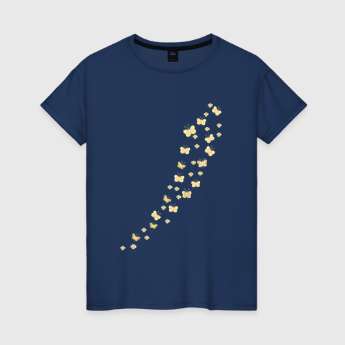 Женская футболка хлопок Полет золотых бабочек, цвет темно-синий