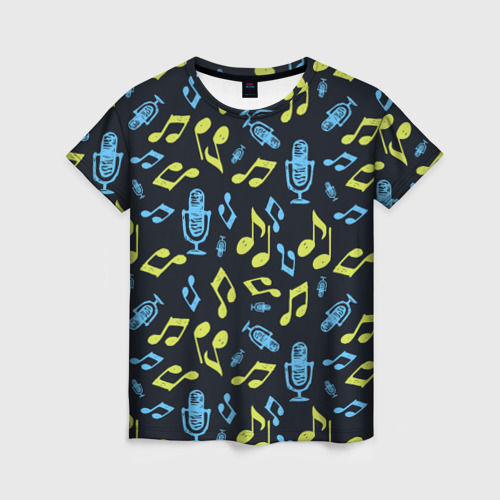 Женская футболка 3D с принтом Микрофон и ноты, вид спереди #2