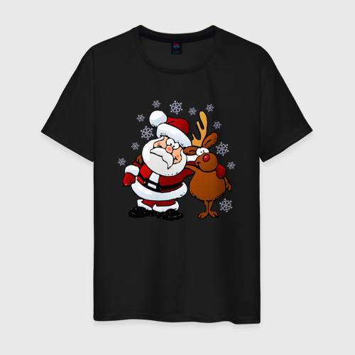 Мужская футболка хлопок Санта и олень, цвет черный